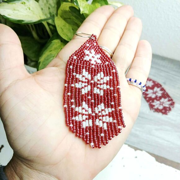 Large Holiday Beaded Fringe Cascade Shoulder Duster Dangle Earrings, Snowflakes - Picture 2 of 5